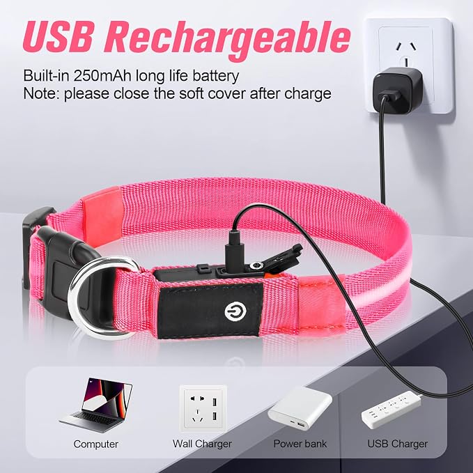 LED Dog Collar, RGB Light Up Dog Collar USB Rechargeable 6 Modes | Waterproof Light Up Dog Collar with Soft Nylon Comfort, Adjustable Fit for Small Medium Large Dogs Candy Pink L - Image 5