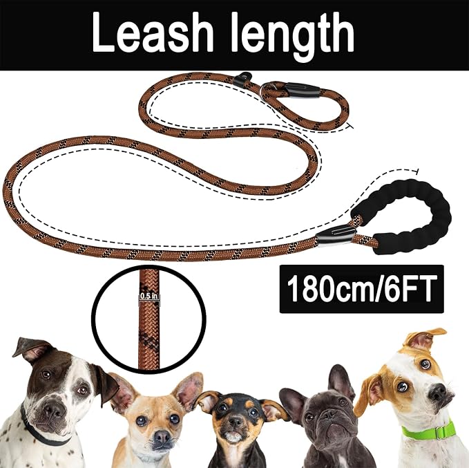 6 FT Heavy Duty Dog Leash, Durable Premium Quality Strong Training Rope Slip Leash with Comfortable Padded Handle and Highly Reflective Threads for Small Medium and Large Dogs, (Brown) - Image 5
