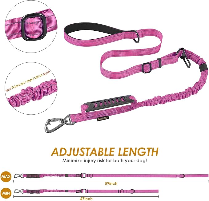 AUBELL Tactical Dog Leash Heavy Duty,4-6ft No Pull Bungee Leash,Pink | Reflective Dog Leash for Medium Large Dogs with Comfortable Padded Double Handle,Car Seat Belt,360 Degree Rotating Carabiner - Image 6