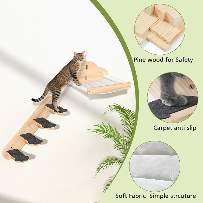 Wall Mounted Cat Hammock with 3 Climbing Steps,Pine Wood Cat Climbing Shelves & Perches up to 30lbs,Kitty Wall Shelf Furniture for Indoor Sleeping, Lounging,Climbing and Playing - Image 3