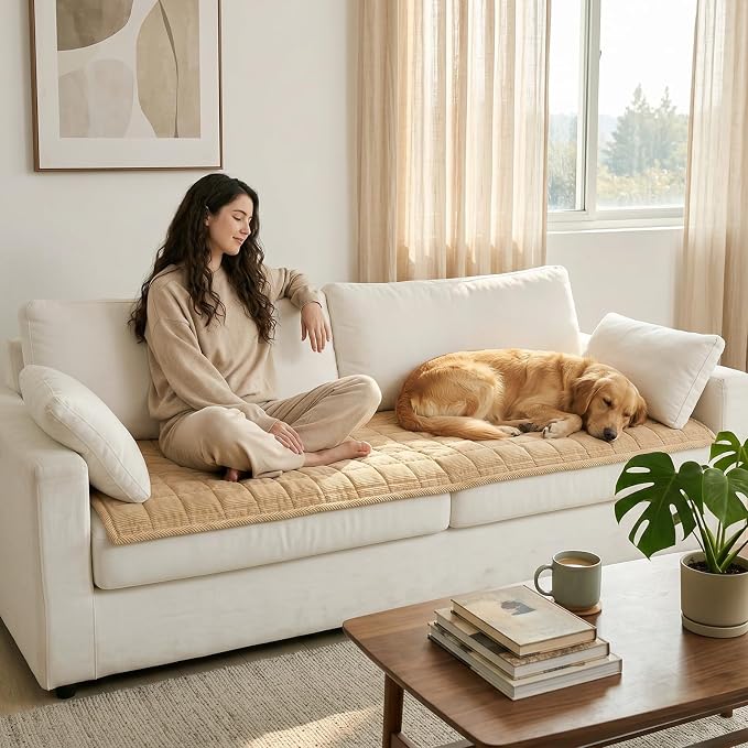 Fixwal Waterproof Corduroy Dog Couch Cover, 27.6" x 70.9", Coffee | Integrated TPU Barrier, Non-Slip Backing, Machine Washable, Pet Friendly, Easy Clean Pet Hair, Soft Sofa Cushion Protector - Image 8