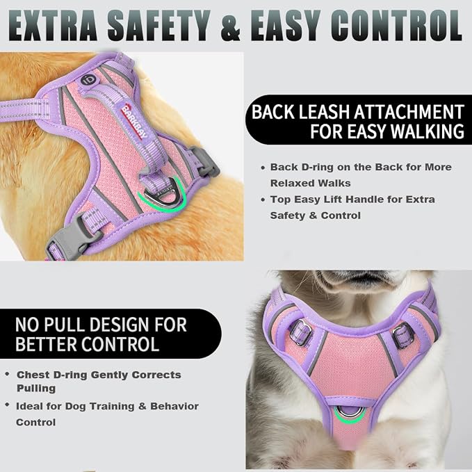 BARKBAY No Pull Dog Harness Large Reflective Dog Harness with Front Clip and Easy Control Handle for Walking Training Running with ID tag Pocket(Baby Pink & Violet Purple,XS) - Image 3