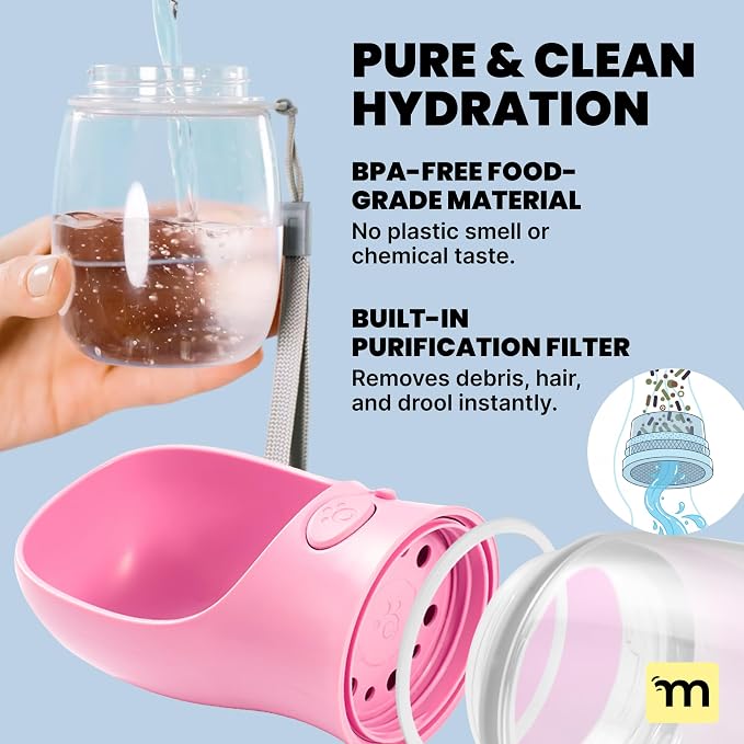 MalsiPree Leak-Proof Portable Dog Water Bottle for Travel - 19 oz, with Pink Bowl - Food Grade Plastic - Dog Bowls - Puppy Essentials - Pet Water Bottle for Trail Hiking, Park Visit & Beach Days - Image 4