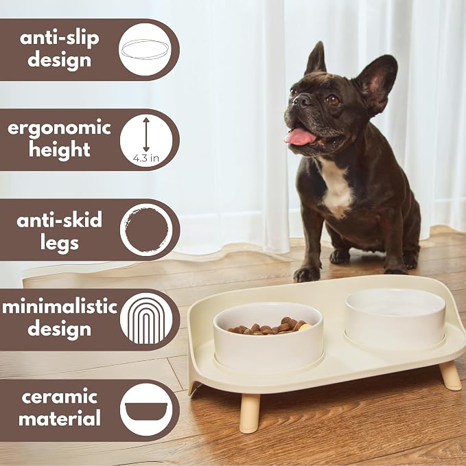 A4DOG Ceramic Dog Bowls with Stand - Elevated Dog Water and Food Bowl Set 13.5oz Cat & Dog Feeding Station Spill Proof Splash Proof Raised Pet Food Bowls for Dogs, No Mess Pet Feeder - Beige - Image 2