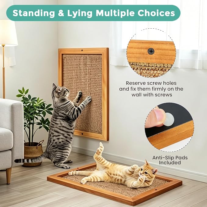 Cat Scratching Post -XXL, Natural Wooden Sisal Cat Scratch Pad, Floor or Wall Mounted Vertical Cat Scratcher Mat for Indoor Cats Adults or Kittens, Scratching Board Cat Wall Furniture Protector - Image 3