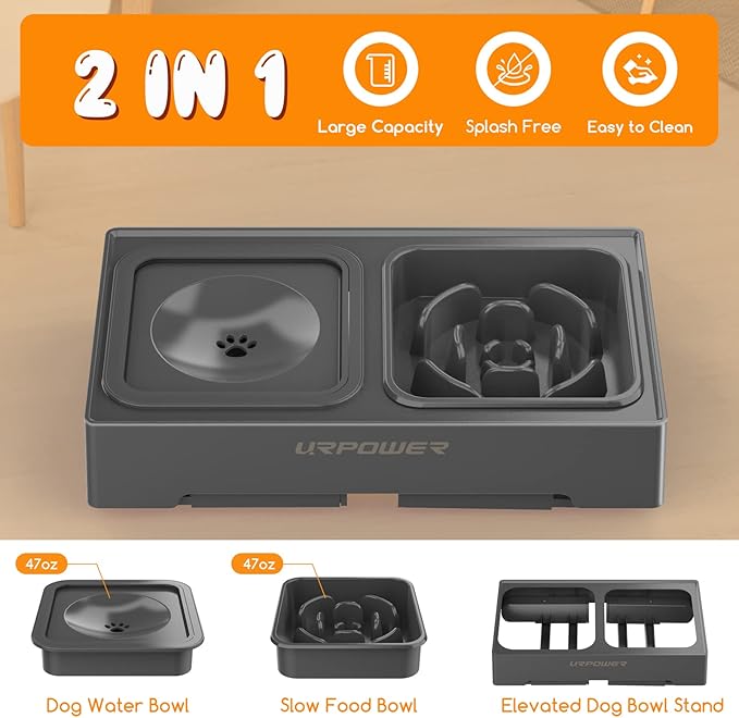 URPOWER 2-in-1 Elevated Slow Feeder Dog Bowls with No-Spill Water Bowl | 4 Height-Adjustable Raised Dog Bowls, Non-Slip Food and Water Bowls with Stand for Small, Medium, Large Dogs, Cats and Pets - Image 6