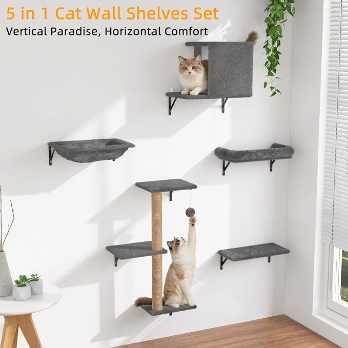 Cat Wall Shelves 5-Piece Set,Cat Walls Furniture for Indoor Large Cats Includes Bed, Cave, Scratching Post, Hammock, Space Saving Floating Shelves (Dark Gray) - Image 2