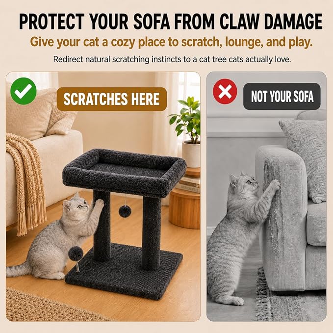 Small Cat Tree with Large Top Perch for Indoor Cats, Grey | Carpeted Scratching Post | Soft Plush Bed | Furniture Protecter | Small Cat Tower | Replacement Toy Balls | Space-Saving - Image 3