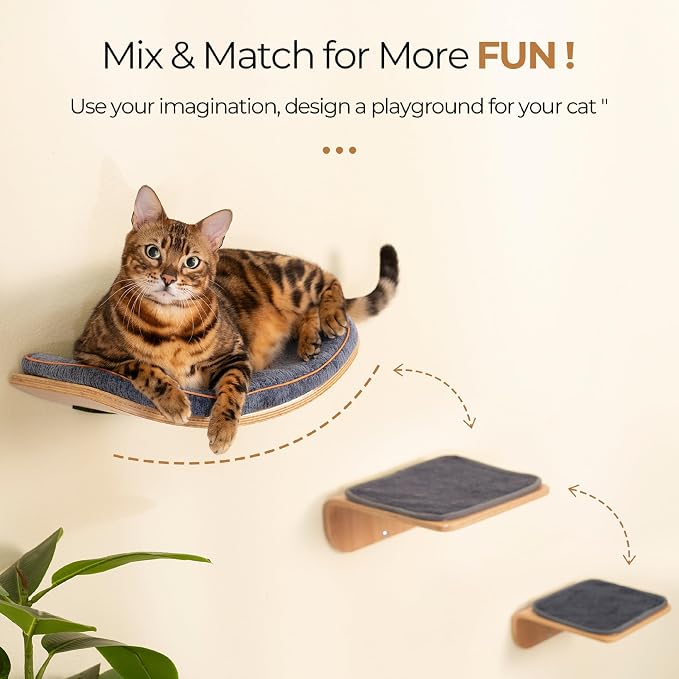 Cat Wall Shelves for Cat Wall Steps, Perch, Ladder, Wooden Floating Modern Mounted Space Saving Furniture with Scratching Cushion Removal Cover for Climbing, Jumping and Sleeping(Steps) - Image 2