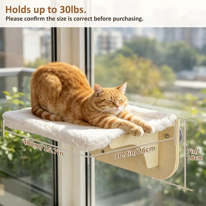 TIMIEEYA Cat Window Perch Sturdy Cat Hammock Window Seat with 2 Wood Steps, Cats Hammock Window 16"x10" Solid Wood Frame, Strong Suction Cups, Washable Cover Mat, Window Bed for Indoor Cats - Image 2