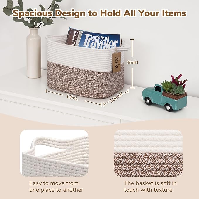 Goodpick Woven Rope Storage Basket for Shelves, Rectangle, Brown | 13" × 10" × 9" Stylish Gift Basket for Bedroom & Living Room Organization, Cotton Rope Baskets for Toys & Towels Storage - Image 3