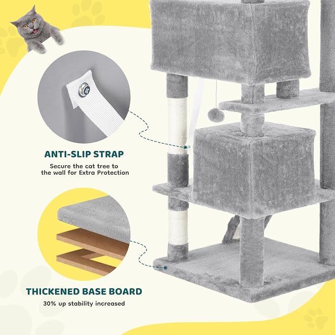 DUMOS 54 Inch Cat Tree Tower with Scratching Posts, Indoor Use | Multi-Level Pet House for Large Cats with 2 Condos, Round Platform, Small Ladder and Toys, Light Grey - Image 4
