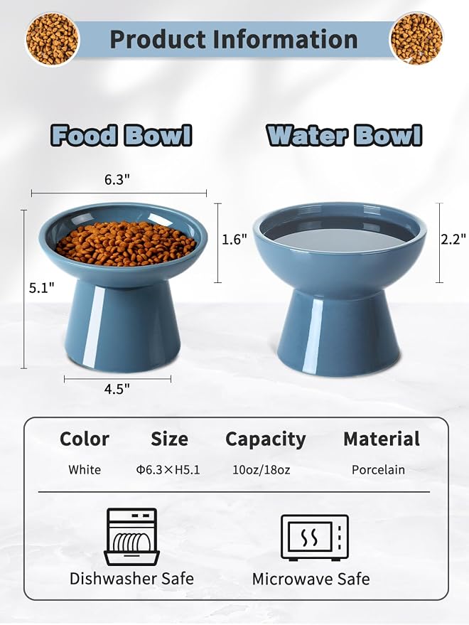 LoeJan Elevated Cat Food and Water Bowls Set, Extra Wide and Raised Ceramic Feeder, Anti-Vomit Whisker-Free Pressure Feeding Bowl for Kittens Adult Small Dogs (Deep Blue, Food Bowl) - Image 2