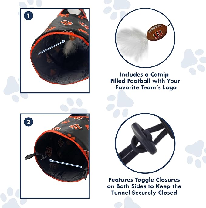 NFL Cincinnati Bengals Cat Tunnel Tube Toy with Plush Football Catnip and Feathers Collapsible Tunnel for Cats to Play, Peek and Hide, Sporty & Fun Cat Tunnel Toy with Team Logo All-Over Design! - Image 7