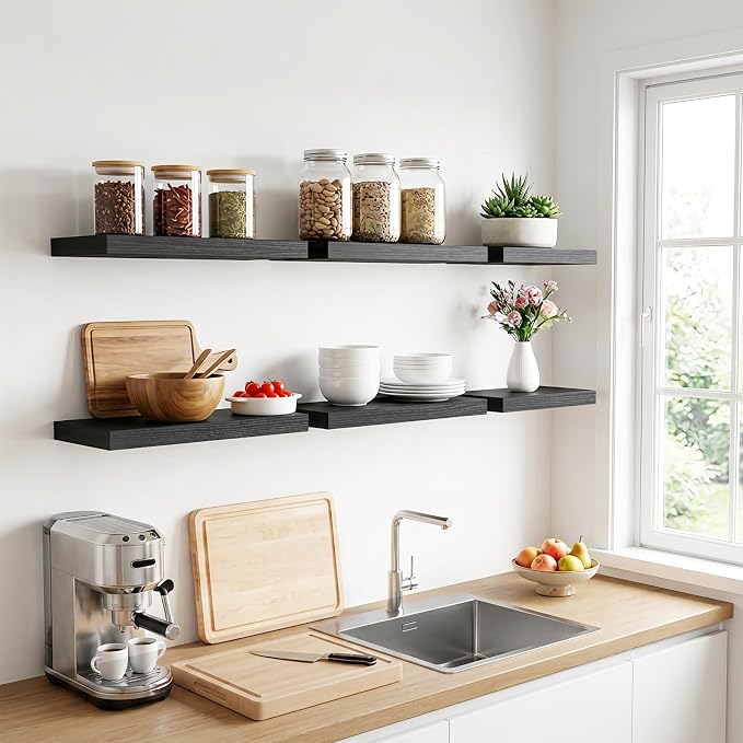 Fixwal Floating Wall Shelves for Decor (Black, Set of 6, 15.7 Inch) | MDF Shelves with Metal Brackets, Space Saving for Books, Decor, Works in Bathroom, Kitchen, Living Room, Bedroom - Image 6