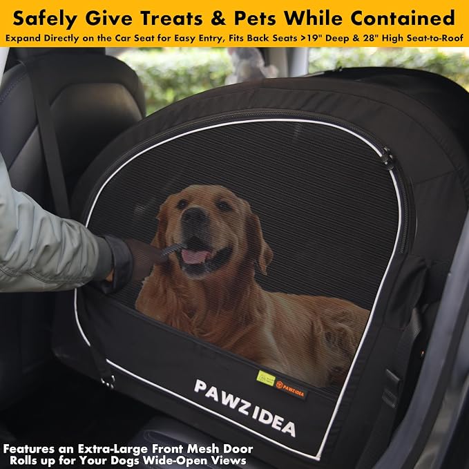 PAWZIDEA Portable Dog Crate for Car Travel, Medium & Large Dogs Up to 80lbs | Enclosed Soft-Sided Dog Car Kennel for Backseat, Secures w/ Seatbelt & Headrest Strap, Collapsible Car Carrier, Chew-Proof - Image 3