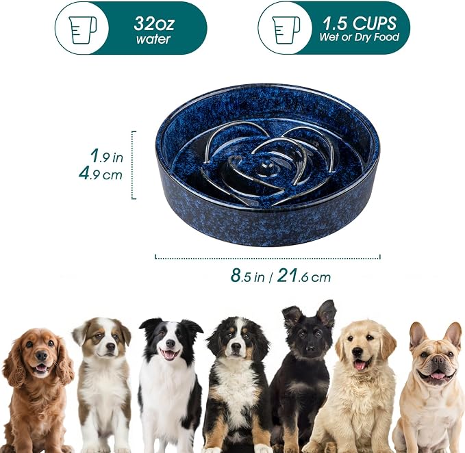 vancasso Slow Feeder Dog Bowl, 1.5 Cup Ceramic Puzzle Dish for Medium Breed | Maze Dog Food Bowl for Fast Eaters, Slow Feeding Design for Medium Dogs, Promotes Healthy Eating Habits, Blue - Image 2
