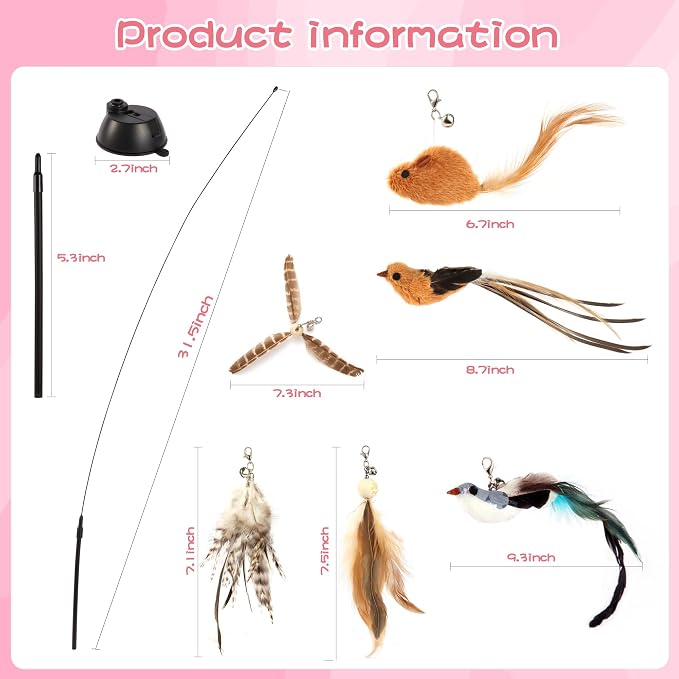 Interactive Bird Simulation Cat Toy Set | Cat Wand Toys,Includes 2 Self-Holding Suction Cup Bases and 6 Detachable Replacement Feather Toys - Image 6