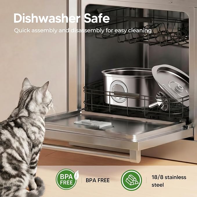 PEKTACO Cat Water Fountain, 3.2L Stainless Steel Pet Fountain, 1 Filter | 108oz capacity, LED water level window, ultra-quiet pump, dishwasher-safe tray, BPA-free, for cats and small dogs - Image 3