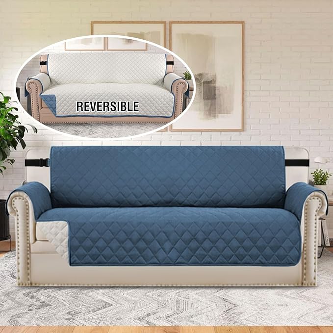 H.VERSAILTEX Water Repellent Sofa Cover Couch Cover Sofa Slipcover for Dogs Couch Protector Reversible Sofa Slipcover for 3 Cushion Couch Furniture Protector for Pets(Sofa, Dark Blue/Beige) - Image 3