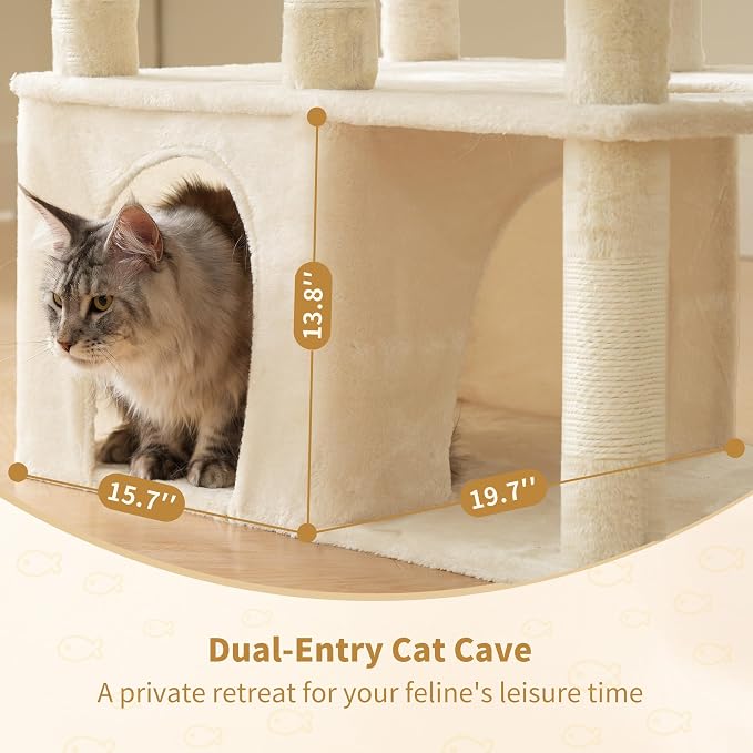 Heybly Cat Tree, 71-Inch Tall Cat Tower for Large Maine Coon Cats HCT03MG | Cat Condo Furniture with Extra-Large Baseboard, Multi-Level Platforms, 2 Hammocks and 12 Scratching Posts, Beige - Image 6