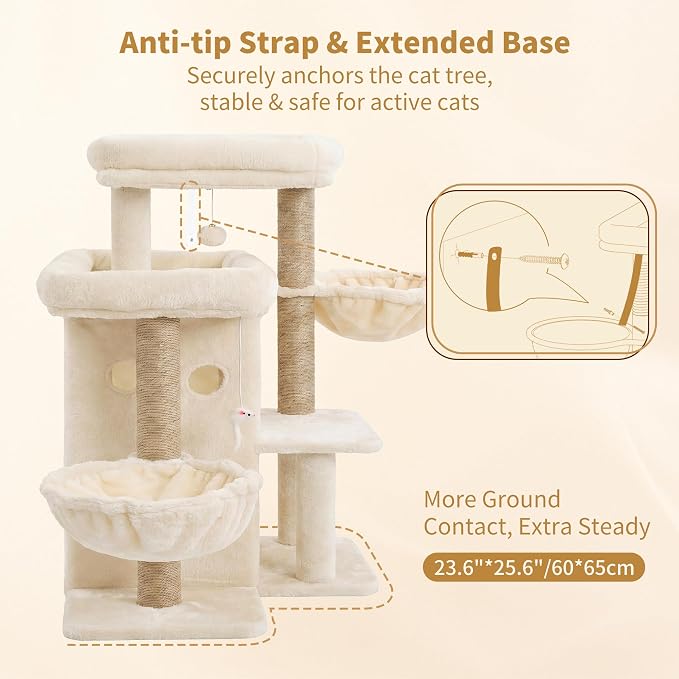 Heybly Cat Tree with Reinforced Big Base, 41.3 in Sturdy Cat Tower HCT075MJ | Indoor Cat Furniture Featuring 2 Roomy Platforms, Double Condos, 2 Cozy Baskets, Full Sisal Scratching Posts, Beige - Image 7