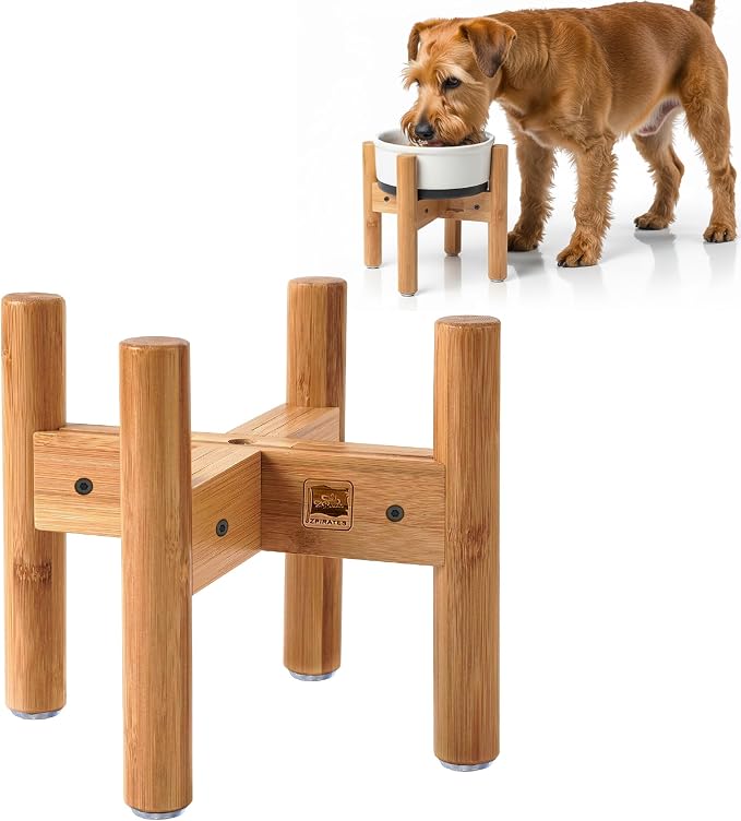Dog Bowl Stand for Small-to-Medium Dogs - Adjustable | Use to Elevate Raise Dog Food, Water and Slow Feeder Bowls, Lock-Bolts and Tool Added, Foot-Padded, Bamboo Stand Only by ZPirates