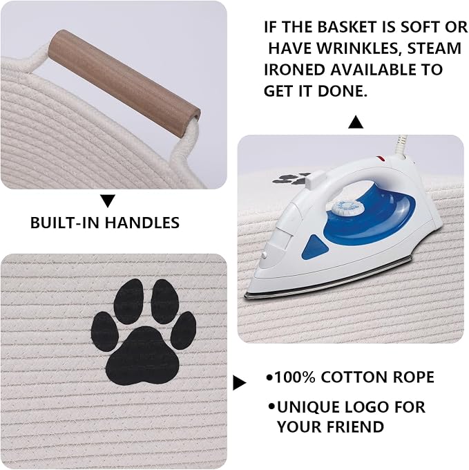 Geyecete dog toy basket Cotton Rope dog toy box with wood handle pet toy bin Blanket Storage Basket Decorative Clothes Hamper Basket Large Baskets - Image 2