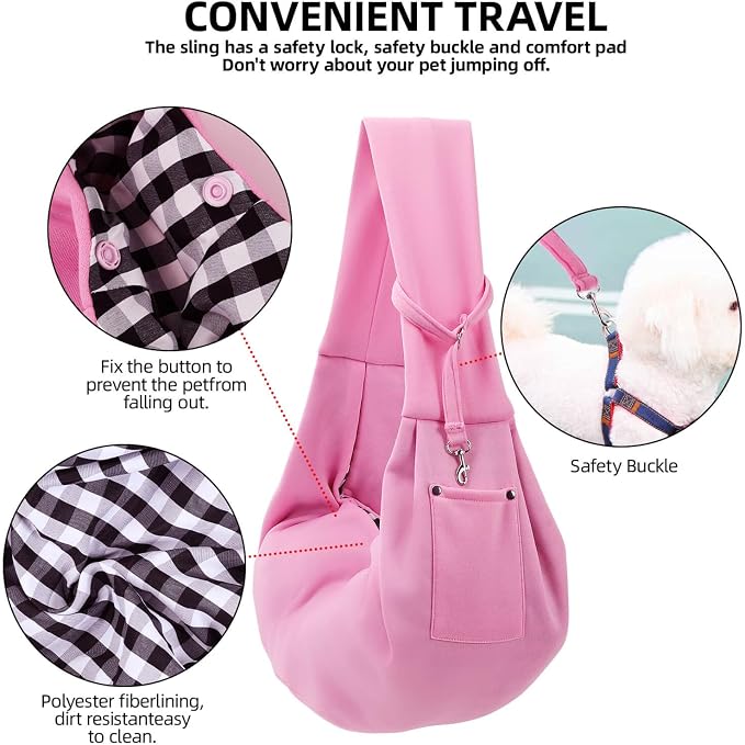 ARZQUT Dog and Cats Carrier Sling, Small Pet Carrier with Storage Pocket | Reversible Puppy Sling Carrier, Safety Buckle, Storage bag, Machine Washable for Travel, Outdoor Activitie, Hand-Free, Pink - Image 4