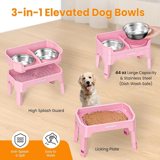 URPOWER Elevated Dog Bowls, 3-in-1 Double Deck Raised Dog Bowl Stand | 4 Height Adjustable Raised Stand with 2 Stainless Steel Food Bowls & Licking Plate for Small, Medium & Large Dogs - Image 4