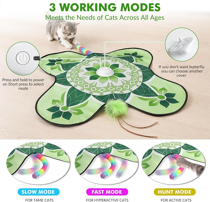 Wortade 3in1 Interactive Hide-and-Seek Cat Toy, Rotating, Green | Moving Concealed Wand Feather,Automatic Fluttering Butterfly,Cat Stimulation,Touch Activated,Mouse Squeaky,1800mAh Battery - Image 2