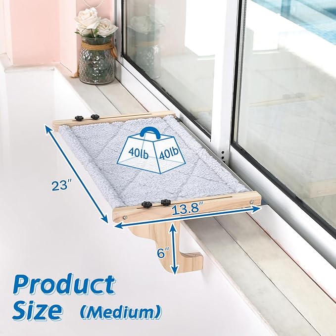 Zakkart Easy Seat Cat Perch for Window Sill - Hammock Design w/Pine Wood & Robust Metal Frame - Cat Window Seat for Large Cats and Kittens (Natural Color Wood w/Gray Bed, Medium (23''W x 14''D)) - Image 5
