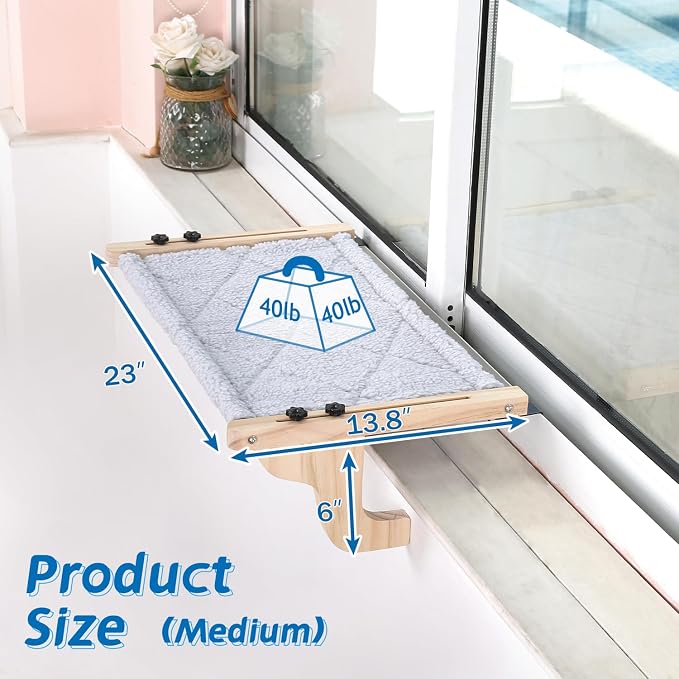 Zakkart 2PC Easy Seat Cat Perch for Window Sill - Hammock Design w/Pine Wood & Robust Metal Frame - Cat Window Seat for Large Cats and Kittens (Natural Color Wood w/Gray Bed, Medium (23''W x 14''D)) - Image 5
