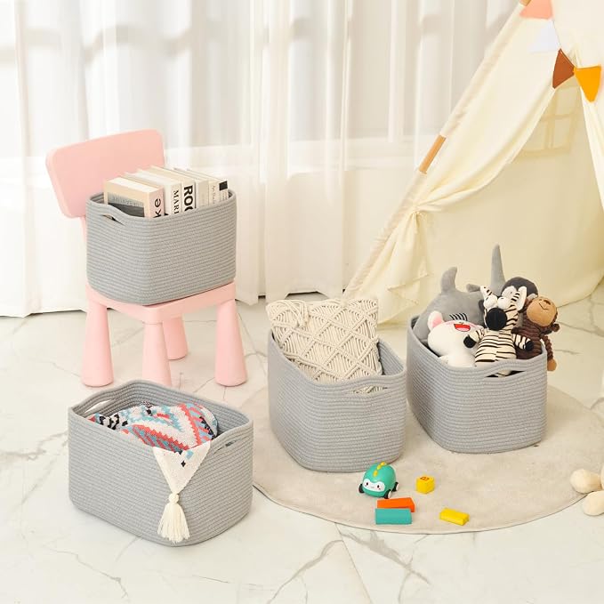 ICERZCZ Storage Baskets for Organizing & Shelves, Woven Cotton Rope Organization Bins for Dog Toys, Clothes, Books, Nursery Organizer, 15"Lx11"Wx9.5"H, (4 Packs) Grey - Image 8