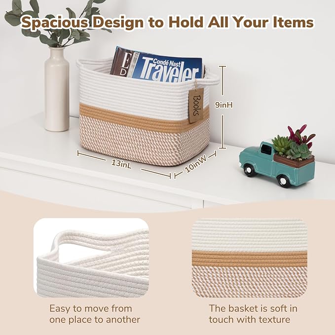 Goodpick Woven Rope Storage Basket for Shelves, White & Camel Mix | 13" × 10" × 9" Stylish Gift Basket for Home Decor, Cotton Rope Baskets for Toys & Magazines Storage, Reinforced Handles - Image 3
