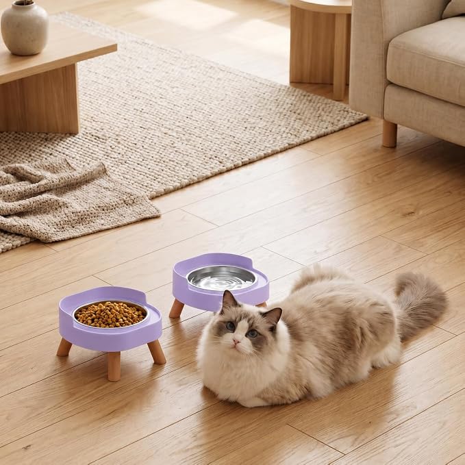 Elevated Cat Bowls, 2P Raised Cat Food and Water Bowl Set for Indoor Cats, Splash Proof with 2 Stainless Steel Pet Food Bowls for Cats ＆ Puppies, Whisker Friendly and Dishwasher Safe - Purple - Image 8