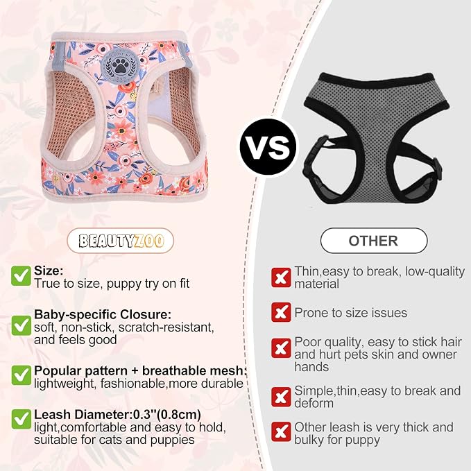 BEAUTYZOO Small Dog Harness and Leash Set,No Pull Puppy Pet Vest- Floral, S | Step-in Easy On/Off, All Season Breathable Mesh,Escape-Proof Hook & Loop,Lightweight Reflective,No Choke,Easy Walking Control - Image 5