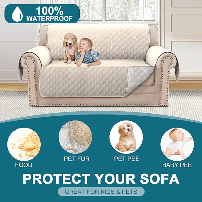 Turquoize 100% Waterproof Couch Cover Sofa Covers for 2 Cushion Couch Loveseat Covers Triple Non-Slip Couch Cover for Dogs Washable Furniture Protector Cover for Pets, Kids,Dog (Loveseat 54", Ivory) - Image 2