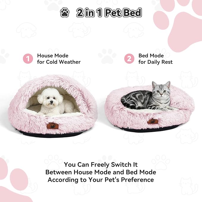 YooxArmor Round Covered Cat Bed Cave Dog Bed for Small Medium Pets,Pink,S | Cozy,Washable,Windproof,Hooded Cat Bed Cave,Self Warming Anti-Anxiety House with Fluffy Cover - Image 4