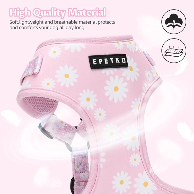 Small Dog Harness and Leash Set of 6, No Pull Soft Lightweight Mesh Puppy Harness， Adjustable Cute Floral Pattern Pet Harness for Small Medium Dogs (Pink Flowers, M) - Image 4