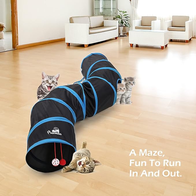 Pawaboo Cat Tunnel Tube S-Shaped, 25x97cm, Blue | Extensible Collapsible, Interactive Toy Maze, With Balls and Bells, For Kitten Kitty Rabbit Small Animal - Image 7