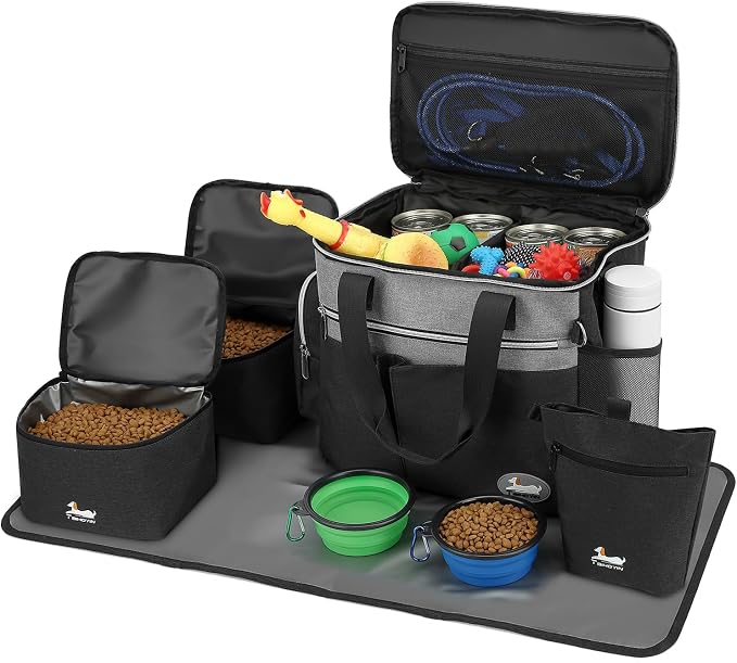 Dog Travel Bag for Pet Kit for Supplies with 2 Food Storage Containers 2 Collapsible Bowls 1 Feeding Mat 1 Dog Treat Pouch 7-Piece Set Perfect Road Trips Camping Weekend (Black) by Unknown