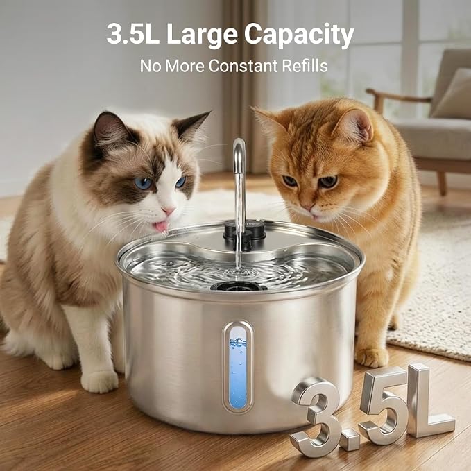304 Stainless Steel Cat Water Fountain, 118oz/3.5L Pet Drinking Fountain for Cats and Small Dogs, Ultra-Quiet, Dishwasher Safe, Water Level Window, Cat Fountain with Smart Pump Protection - Image 3