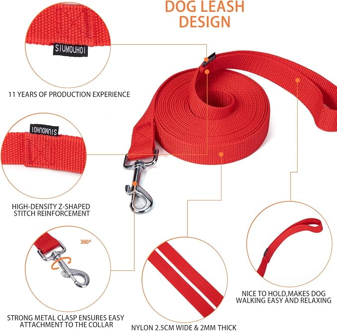 Strong Durable Nylon Dog Training Leash, 1 Inch Wide Traction Rope, 6 ft 10ft 15ft Long, for Small and Medium Dog (Red, 15 Feet) - Image 3