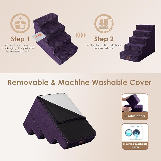 EHEYCIGA Dog Stairs for High Bed 22.5" H, 5-Step Dog Steps, Purple | Pet Steps for Small Dogs and Cats for Bed, Non-Slip Balanced Pet Ramp Indoor - Image 6