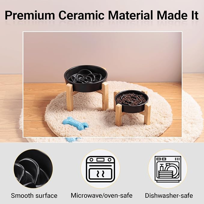 Ceramic Slow Feeder/Dog Bowl for Small Medium Dogs,Elevated/Raised Slow Feeding Dog Food Water Dish Heavy Weighted,Puzzle Eating Bow (Black, 8.26in) - Image 5