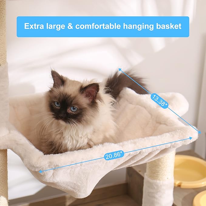 Hey-brother Cat Tree Tower, Food Station, XL Litter Box Enclosure, MPJ101SG | 48.81 Inches Wooden All-in-one Cat Furniture, Large Hammock, Bed, Scratching Posts, Big Basket for Indoor Cats, Rustic Gray - Image 4