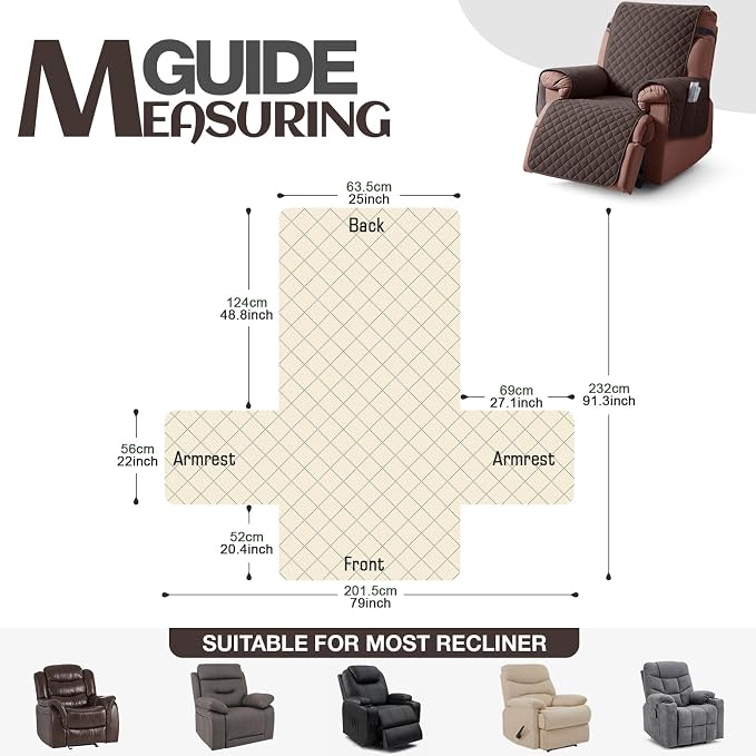 KinCam 100% Waterproof Recliner Chair Covers Washable, 25", Chocolate | Anti Slip Reclining Couch Covers for Pets Dog, Recliner Sofa Slipcover Storage Pocket, Furniture Protector with Elastic Strap - Image 4