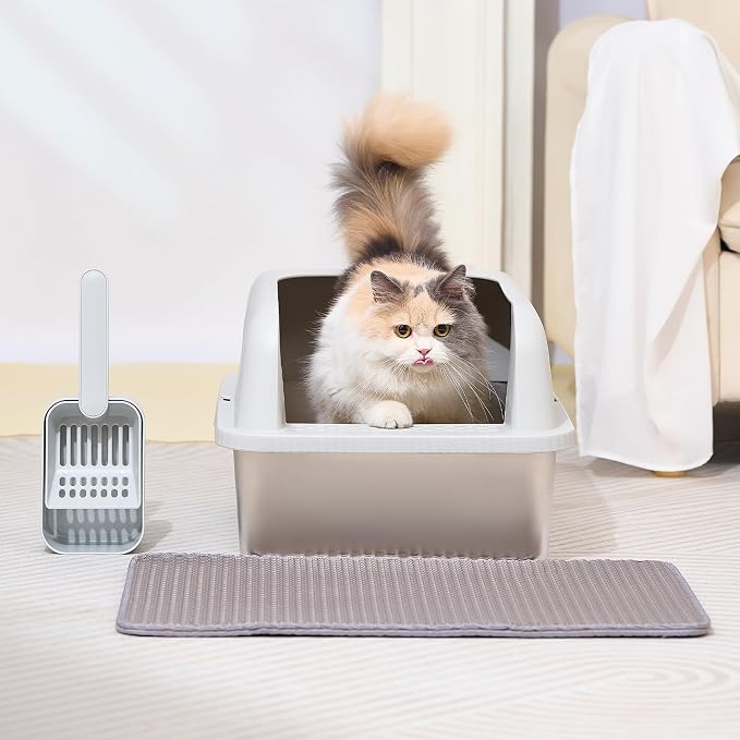 Henkelion 2 Pack Stainless Steel Cat Litter Box with Lid, 24" L x 16" W x 11.8" H, Extra Large Litter Box for Big Cats with High Sided, Anti-Urine Leakage, Easy Cleaning, Include Cat Mat and Scoop - Image 9