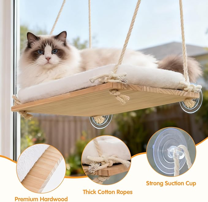 Cat Window Perch Hammock with Solid Wood Seat & Plush Cushion | 4 heavy-duty suction cups, comfortable indoor cat bed & perch, sturdy wooden window seat, space-saving cat hammock - Image 4